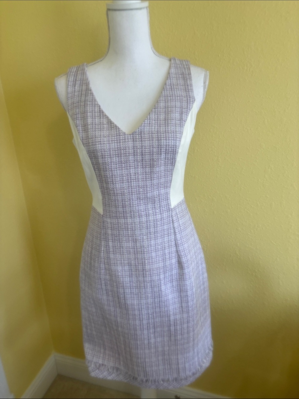 White House Black Market Lilac Tweed Midi Dress with Cream Insets